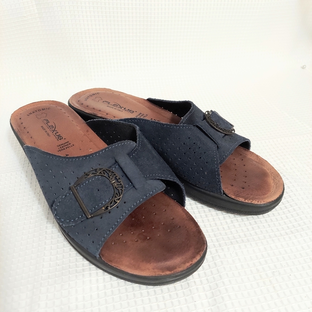 Spring Step Edella Faux Suede Slide Sandal Blue Buckle Accent Made in Italy